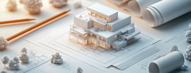 Aufkleber - Modern Architectural Model on Blueprints with Tools and Materials Showcasing Creative Design Process for Building Construction and Planning