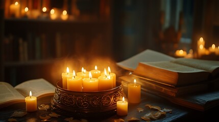 Wall Mural - Studying by the flames in a calm environment is made cozier by an enveloping honey candles in an elaborate metal container
