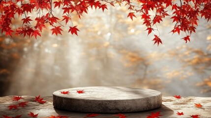 Wall Mural - Serene Autumn Scene with Red Leaves and Stone Platform in Forest
