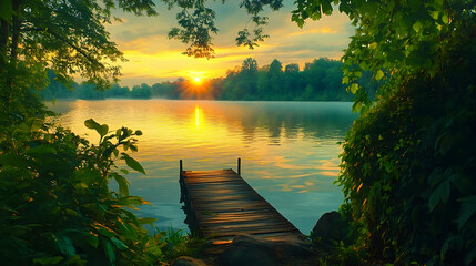 Wall Mural - A serene lakeside scene with a small wooden dock leading out into the water, surrounded by lush greenery and illuminated by the soft light of a golden sunset