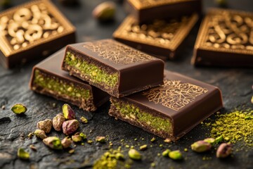 Aufkleber - Delicious chocolate bar with creamy pistachio paste filling displayed on slate background. Generative AI