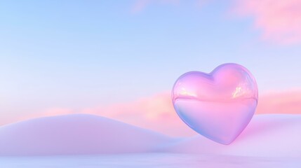 Wall Mural - transparent heart balloon against pastel sky background with soft clouds
