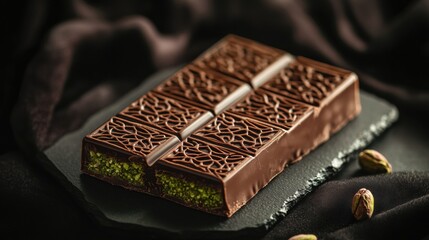 Poster - Delicious chocolate with pistachio filling elegantly presented on a golden plate with intricate Arabic patterns. Generative AI
