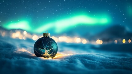 Wall Mural - Under a bright aurora a starry christmas ornament rests on fresh snow