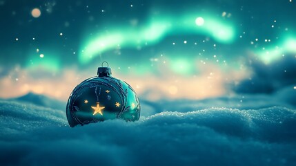 Wall Mural - Under a bright aurora a starry christmas ornament rests on fresh snow