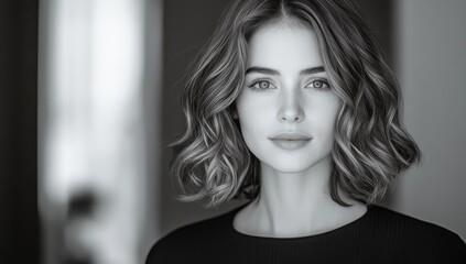 Poster - Portrait of a Young Woman with Wavy Hair in Black and White, Capturing Natural Beauty and Confidence Within a Softly Lit Indoor Environment