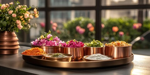 A detailed close-up of a traditional Indian thali, featuring vibrant dishes like curry, rice, and bread, beautifully arranged on a brass plate. Highlights cultural authenticity.