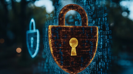 Poster - Digital Fortress: A glowing, stylized padlock stands out against a blurred background of binary code, symbolizing online security and data protection.