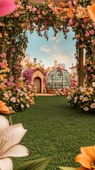 Wall Mural - Enchanting Garden Pathway with Flowering Arches Framed by Charming Cottages and Greenhouse