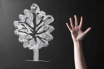 Wall Mural - Woman near chalkboard with tree drawing, closeup