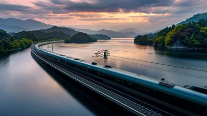 Poster - High Speed Train Travels Along Scenic Curved Track Beside Tranquil Lake, Surrounded by Lush Mountains and Dramatic Sunset Landscape for Ultimate Travel Experience.