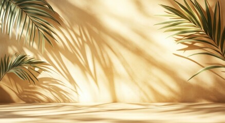 Poster - Soft Light and Palm Shadows on a Warm Beige Wall Creating a Serene and Exotic Atmosphere for Artistic Backdrops and Interior Design Projects