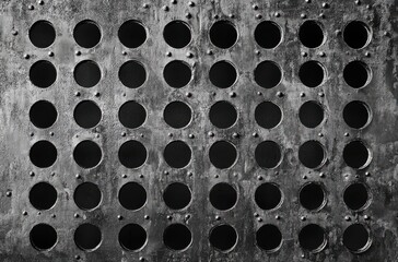 Poster - Textured Industrial Metal Background with Circular Holes Creating a Unique Pattern, Suitable for Various Creative and Design Projects