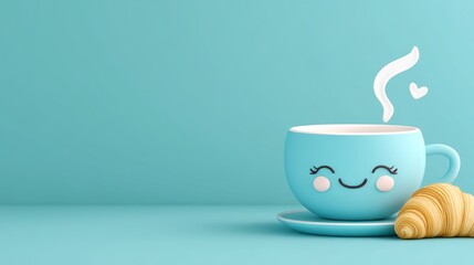 Sticker - Cute cartoon coffee cup with croissant on pastel background.