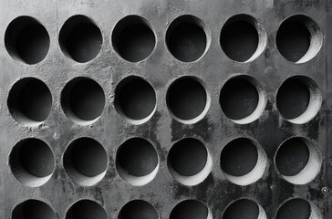 Poster - Textured industrial surface featuring a pattern of circular holes, showcasing modern design elements with a monochromatic color palette and high contrast for artistic expression