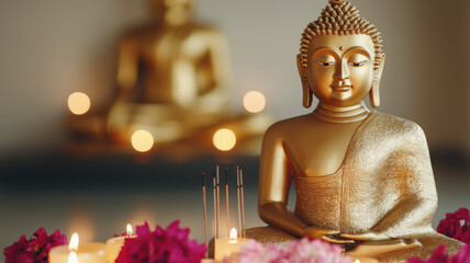 Nirvana Day Themed, serene golden Buddha statue surrounded by flowers and candles