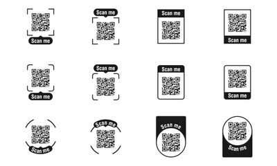 QR code icon set with frame, vector illustration isolated on white background.