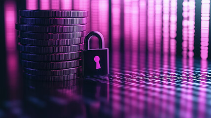 Poster - Cybersecurity and Finance: A stack of coins sits beside a padlock, symbolizing the protection of financial assets in the digital age. The image is set against a stylized digital backdrop.