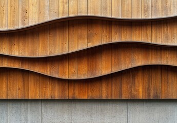 Poster - Wavy Pattern of Wooden Panels Against a Textured Concrete Wall in Modern Architectural Design Showcasing Natural Materials and Contemporary Styles