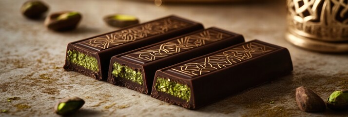 Aufkleber - Delicious chocolate bars filled with creamy pistachio paste ready to be enjoyed in a cozy setting. Generative AI