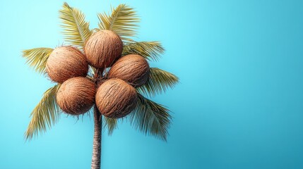 Sticker - Five coconuts on a palm tree against a blue background.