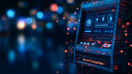 Poster - Secure Digital Transaction Kiosk: A futuristic ATM interface, glowing with vibrant blue and red hues, displays a secure transaction screen against a blurred city backdrop.