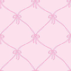 Retro coquette seamless pattern with thin ribbons and bows. Vector vintage background. Girly coquettish pastel aesthetic for Valentines day