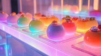 Wall Mural - a holographic dessert bar displaying customizable mousse-filled spheres.