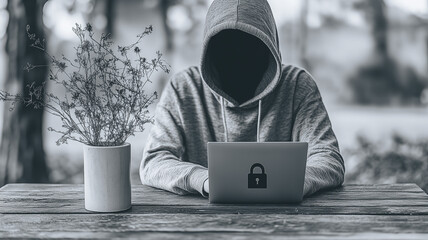 Poster - Anonymous Hacker: A hooded figure sits at a wooden table, working on a laptop with a padlock symbol displayed, their face obscured in shadow.