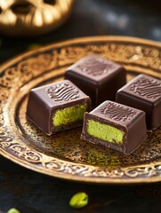 Poster - Indulgent chocolate treats with pistachio filling on ornate golden plate surrounded by intricate Arabic designs. Generative AI
