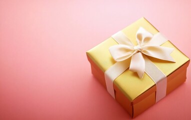 Close-up of an elegant gold gift box wrapped with a satin ribbon on a soft pink surface