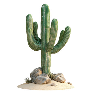 A large saguaro cactus stands tall in a desert setting with rocks and sand, a stark yet beautiful scene.