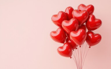 Cluster of vibrant red heart-shaped balloons floating against a soft pink background, ideal for romantic celebrations and events