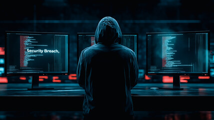 Poster - Cybersecurity Threat: A hooded figure, shrouded in mystery, sits in front of multiple computer screens, one displaying a warning message of 