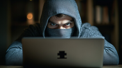 Poster - Cybersecurity Threat: A hooded figure with intense eyes gazes from behind a laptop, creating a tense atmosphere of mystery and potential cybercrime.
