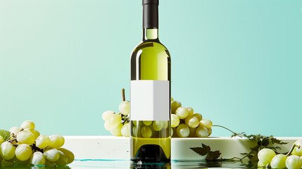 A bottle of white wine surrounded by fresh green grapes on a light blue background