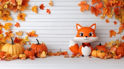 Wall Mural - Cute cartoon fox surrounded by autumn leaves and pumpkins on a white wooden background.