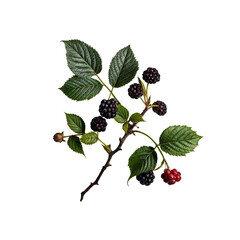 Wall Mural - Blackberry Sprig: A detailed close-up captures a blackberry sprig, showcasing ripe black berries and a few unripe red ones nestled amongst vibrant green leaves.