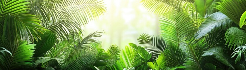 Lush tropical jungle foliage, sunlight streaming through leaves. Background use website, travel brochure