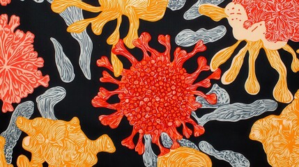 Poster - A vibrant abstract design featuring colorful virus-like shapes against a dark background, representing biology or microscopic life.