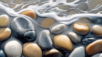 Poster - Close up view of smooth beach pebbles with gentle waves washing over them on a tranquil shoreline. Generative AI