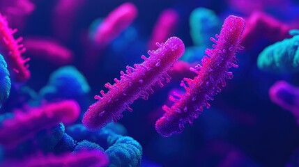 Poster - Colorful microscopic view of bacteria or microorganisms in vibrant hues of pink and blue, showcasing intricate structures and patterns.