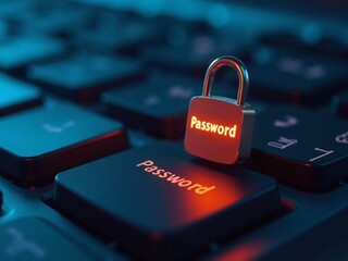 A small padlock with the word 'Password' glows on a dark keyboard, emphasizing the importance of cyber security and safe online practices in digital environments.