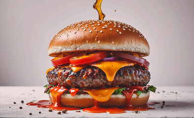 Poster - A burger with melted cheese and tomato slices on top. The burger is dripping with sauce, giving it a messy and appetizing appearance