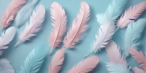 Naklejka na meble A collection of soft, pastel-colored feathers on a light blue background, gentle hues , textures, nature