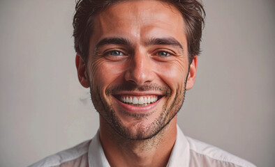 Poster - A man with a smile on his face. He is wearing a white shirt. Concept of happiness and positivity