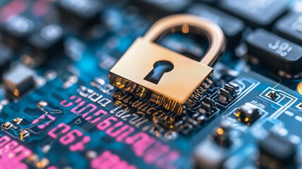 Poster - Cybersecurity: A close-up shot of a golden padlock resting securely on a circuit board, symbolizing digital protection and data security in the modern age.