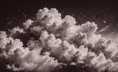 Poster - A black and white photo of a cloud filled with smoke. Scene is somber and ominous, as the smoke seems to be coming from a storm or some kind of disaster. The clouds are dark and heavy