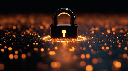 Poster - Cybersecurity Lock: A digital padlock glows with an inner light, surrounded by a field of sparkling particles, symbolizing data protection and digital security. 
