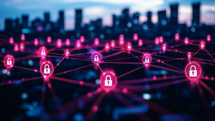 Poster - Cybersecurity Network: A digital illustration depicting a network of interconnected devices secured by glowing pink padlock icons, set against the backdrop of a vibrant cityscape at night.